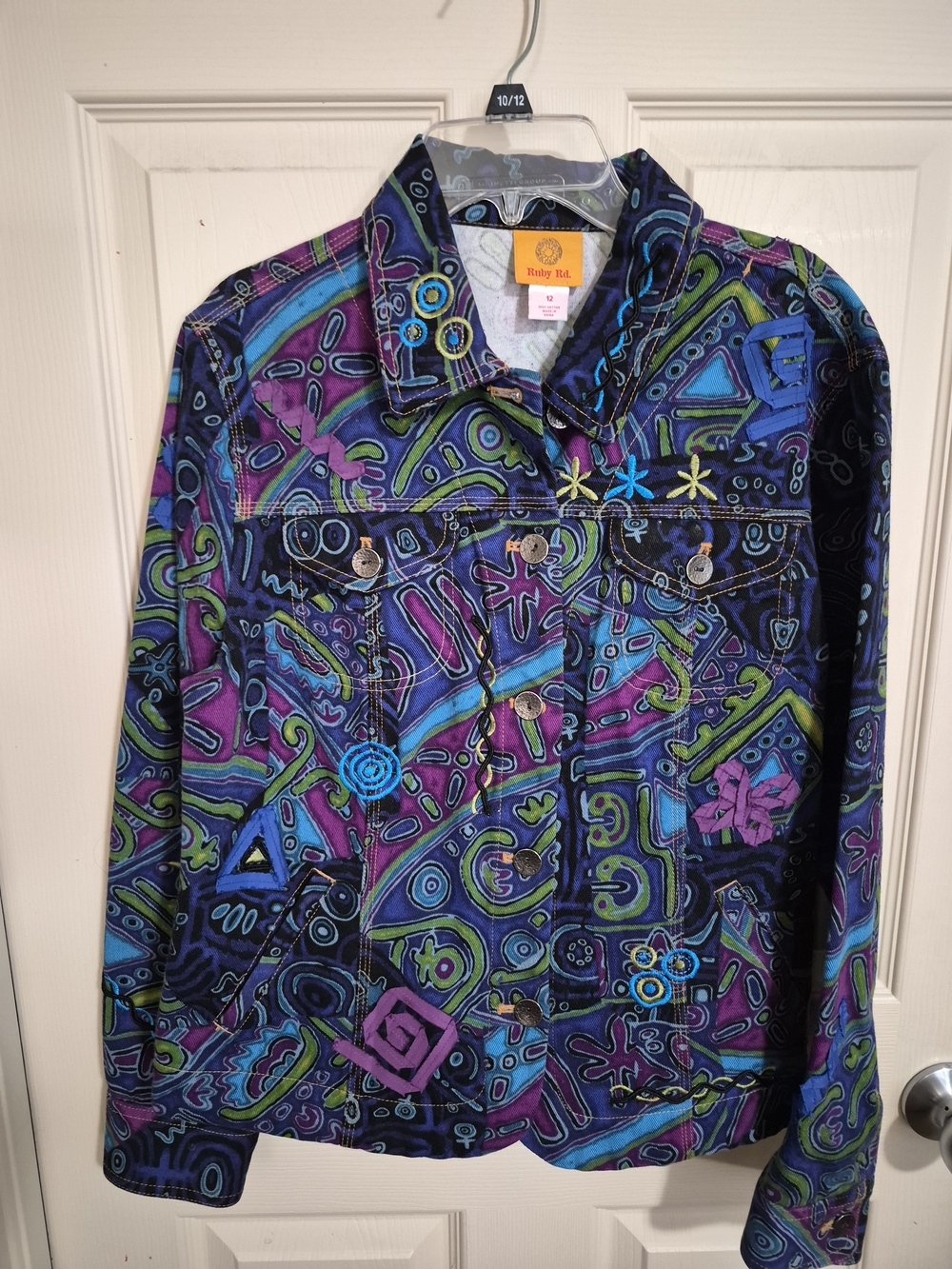 Ruby Rd. Women's Multicolor Abstract Pattern Jean Jacket - Blue, Purple, Green